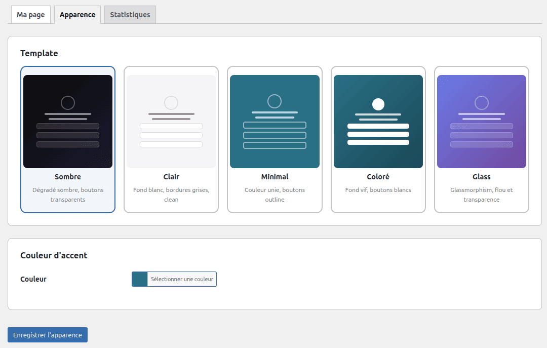 Sélection du template BioLinks — 5 thèmes visuels avec miniatures et couleur d'accent