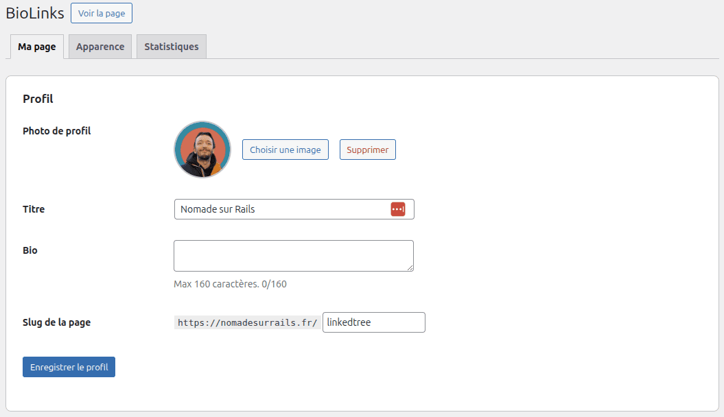Configuration du profil BioLinks — photo, titre, bio et slug de la page