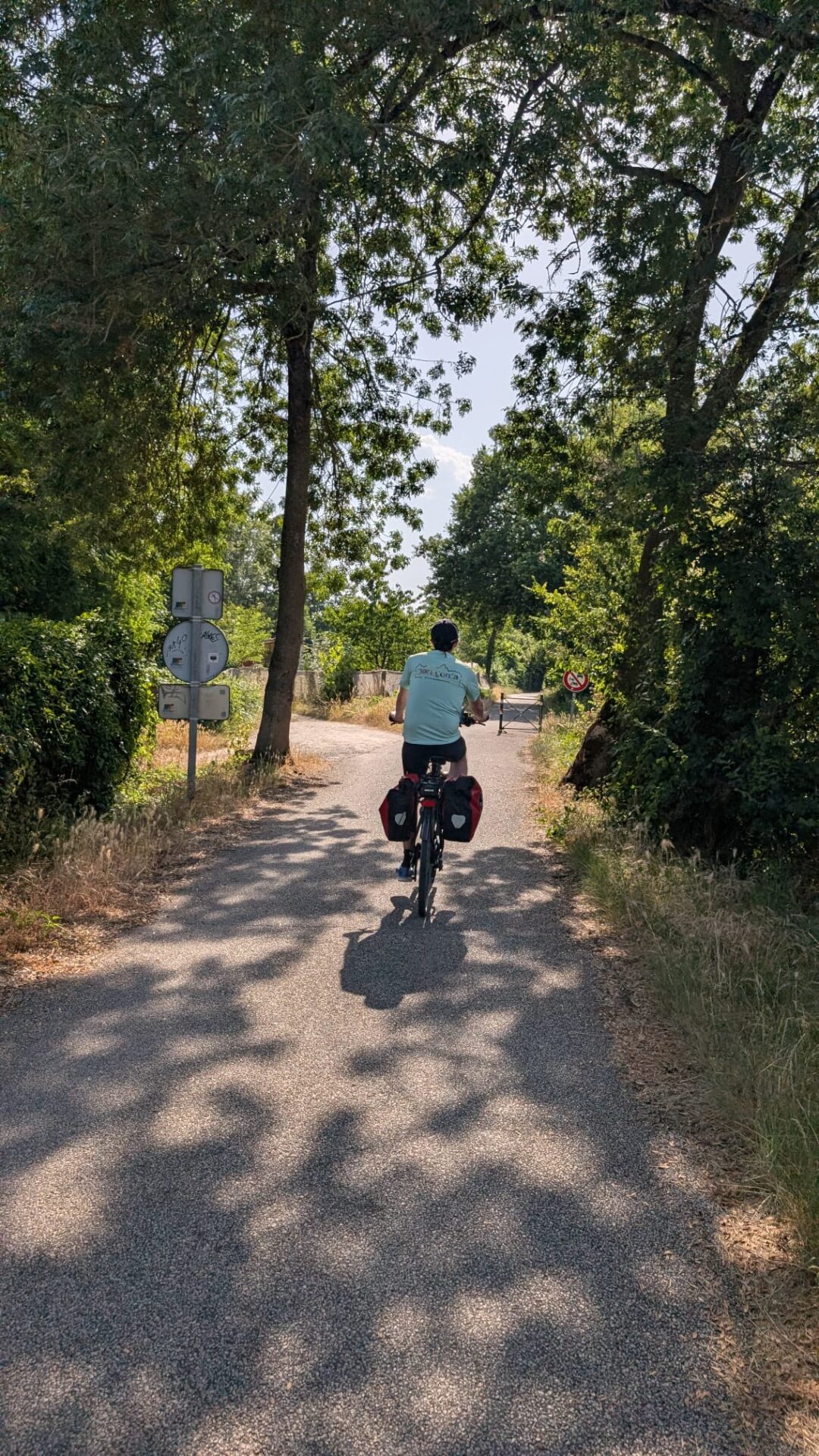 Cycliste avec sacoches sur une petite route ombragée de la Loire à vélo